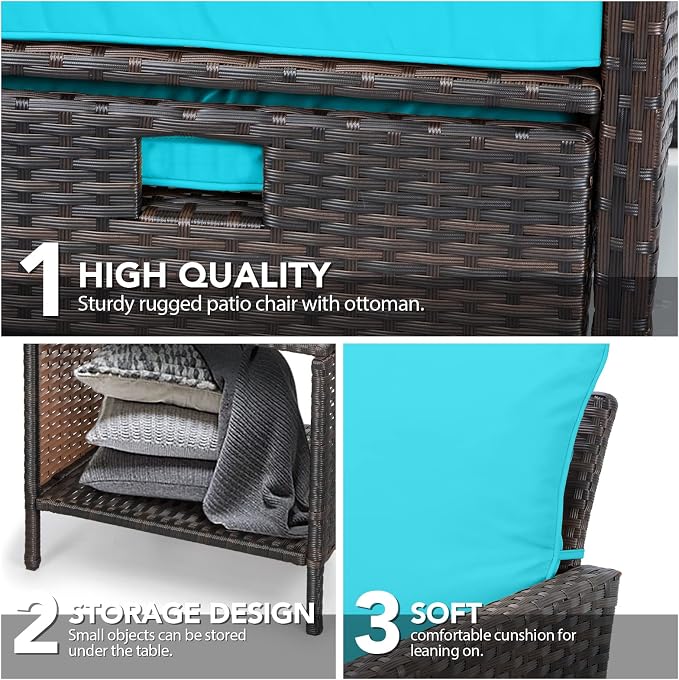 LEVELEVE Balcony Furniture 5 Piece Patio Conversation Set, PE Wicker Rattan Outdoor Lounge Chairs with Soft Cushions 2 Ottoman&Glass Table for Porch, Lawn-Brown Wicker