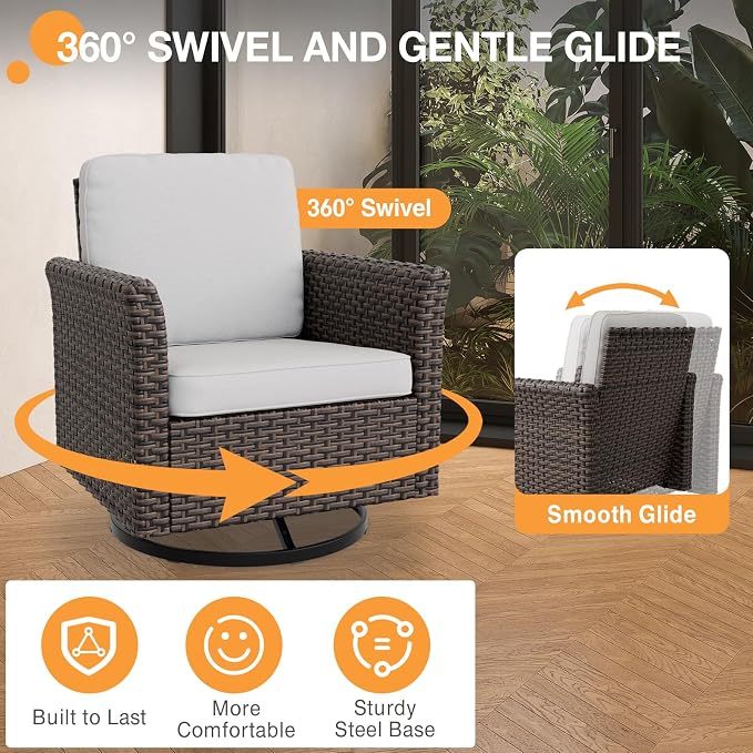 COOS BAY Harbor Retreat 5 Piece Outdoor Furniture Set, Patio Conversation Set with Swivel Rocking Chairs, 2 Seat Loveseat and Ottomans, Wicker Furniture, Brown/Beige