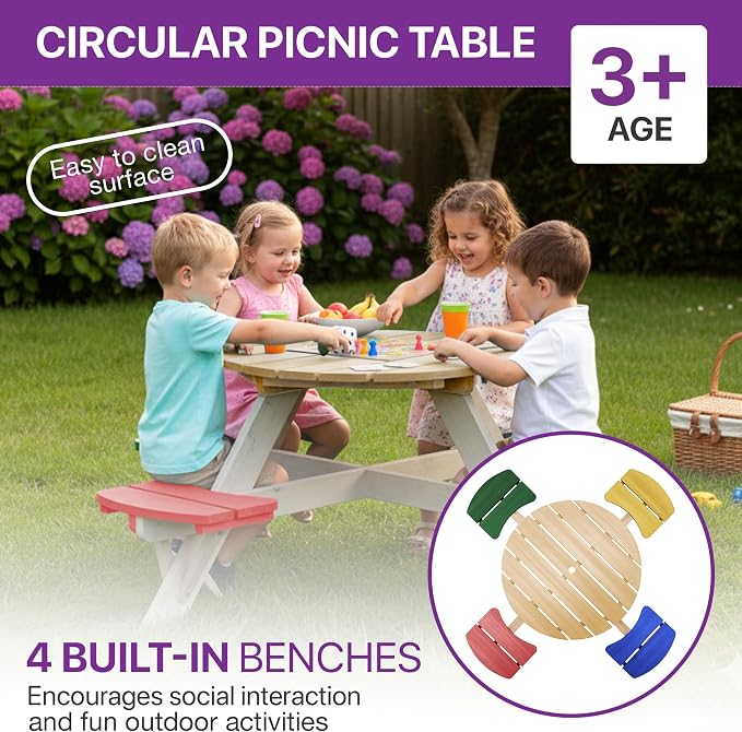 Plum® Kids Picnic Table - Wooden Toddler Table and Chairs Set, Outdoor Furniture for Patio, Garden, Backyard Dining & Activity, 4 Built-in Benches, Sturdy, Durable, Weatherproof, Ages 3+, Natural