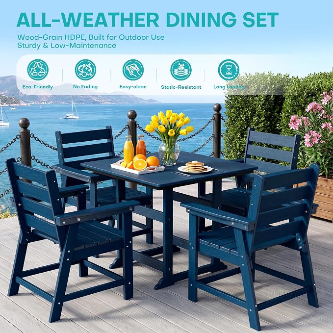 5 Piece Patio Dining Set, HDPE All-Weather Furniture with 4 Chairs & 1 Square Table, for Backyard, Garden, Navy Blue