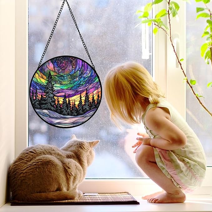 DASTOLL Stained Glass Window Hanging, Van Gogh Night Scene Sun Catchers Colorful Glass Panel Starry Sky Suncatcher Decor for Birthday for Women, Men, Wife, Aunt, and Mom 11.8x11.8 in