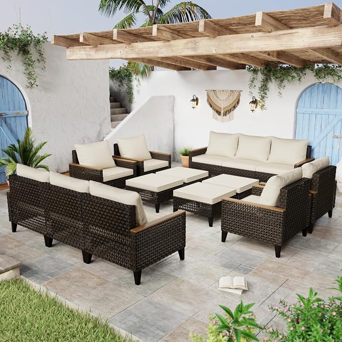 14 Piece Patio Furniture Set, All-Weather Wicker Rattan Outdoor Sectional Sofa Set with High Back and Thick Cushions, Large Conversation Set for Garden, Porch, Poolside, Beige