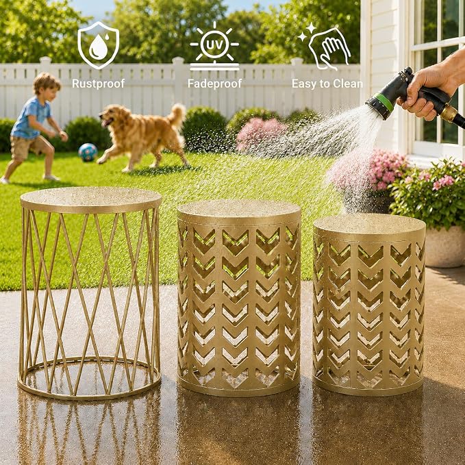 Y&M Set of 3 Gold End Tables, Nesting Metal Round Coffee Table, Heavy Duty Metal Plant Stand Garden Stool, Outdoor Multifunctional Use