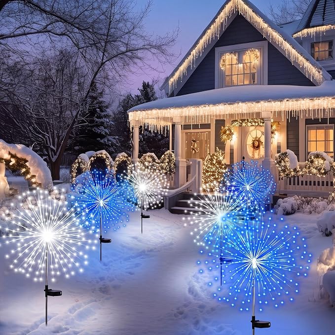 Tujoe 6 Pcs Christmas Solar Firework Stake Lights 180 LED 8 Modes Solar Waterproof LED Sparkler Lights Outdoor Decoration for Garden Patio Yard Pathway Walkway Lawn Xmas Winter Decor (Blue, White)