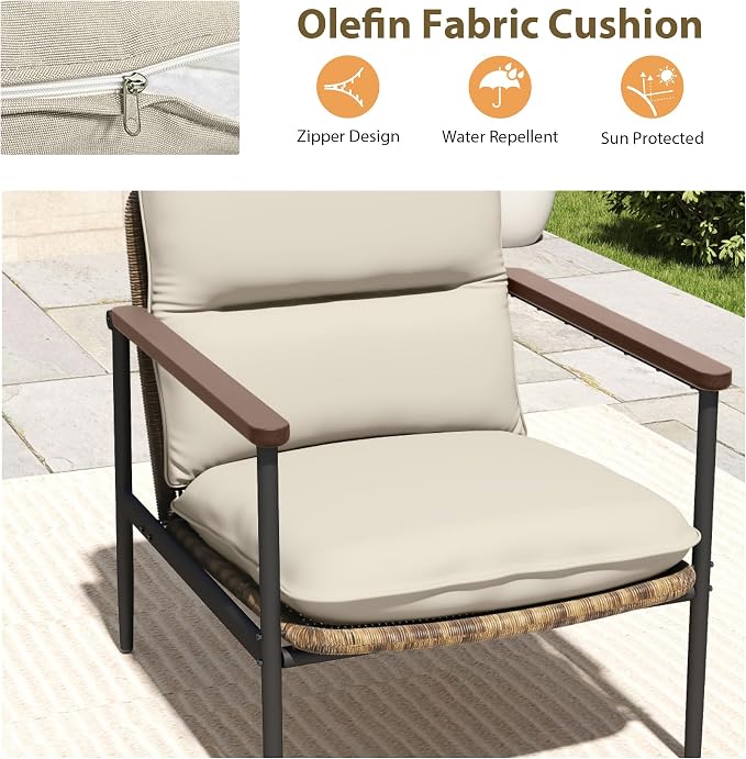 HAPPATIO 4-Piece Outdoor Furniture Set, Aluminum Patio Converation Set with Wicker Seat and Acacia Wood Armrest, Loveseat Sofa Set with Olefin Cushion and Wood Table for Garden Lawn Backyard