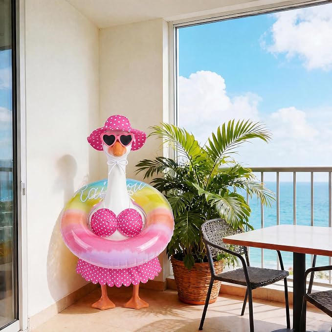 hoyuwak Bikini Goose Outfits Summer Hawaiian Porch Goose Outfits with Swimming Ring Sunglasses Hat for 23" Geese Yard Decor