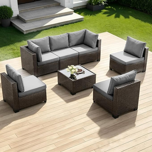 7-Piece Outdoor Patio Furniture Set, Light GreyPE Rattan Weaving Sofa with Light Grey Cushions and Steel Frame, Coffe Table Included, Outdoor Conversation Set