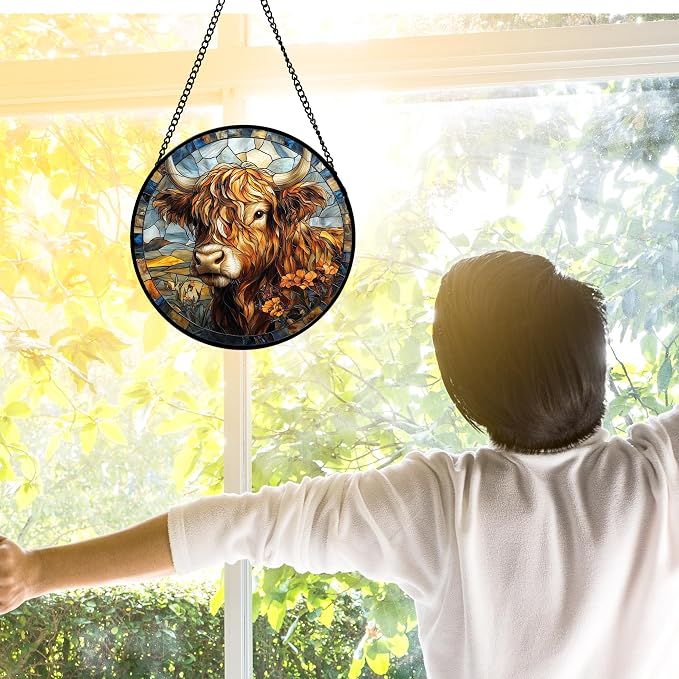 DASTOLL Stained Glass Window Hanging - Funny Cow Flower Suncatcher Ready to Hang Window Doors Home Decoration and Christmas, Mother's Day Birthday Gifts for Women, Men, and Mom 11.8x11.8 in