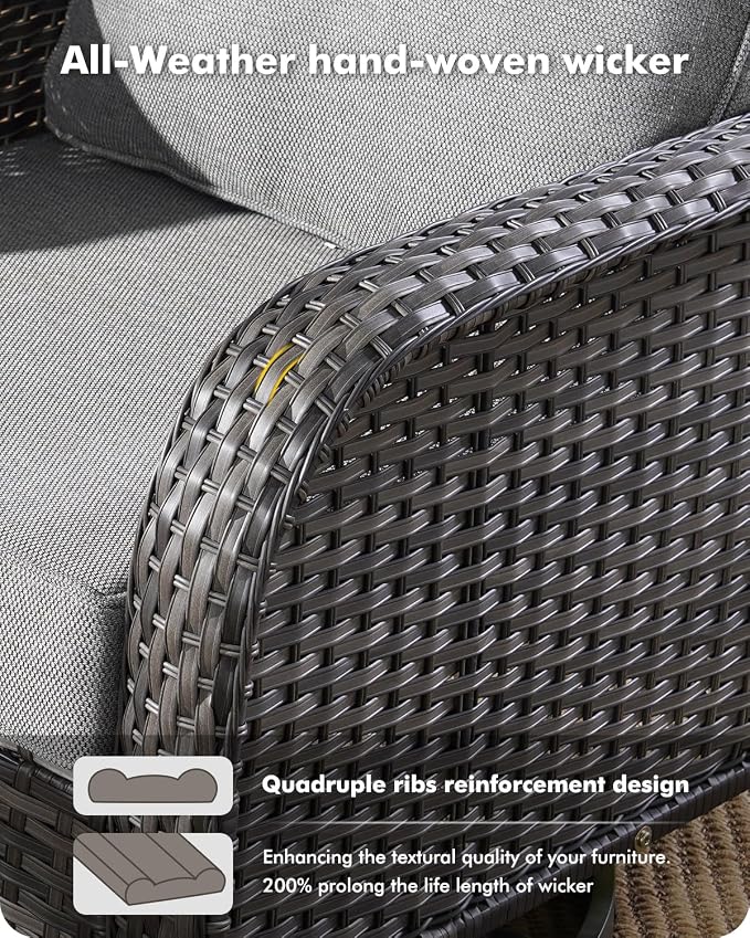 CAODOC 5 Pieces Patio Furniture Set,Outdoor Furniture with Rockers, Rattan Conversation Sets w/Coffee Table, Grey Wicker Light Dark Gray Cushion