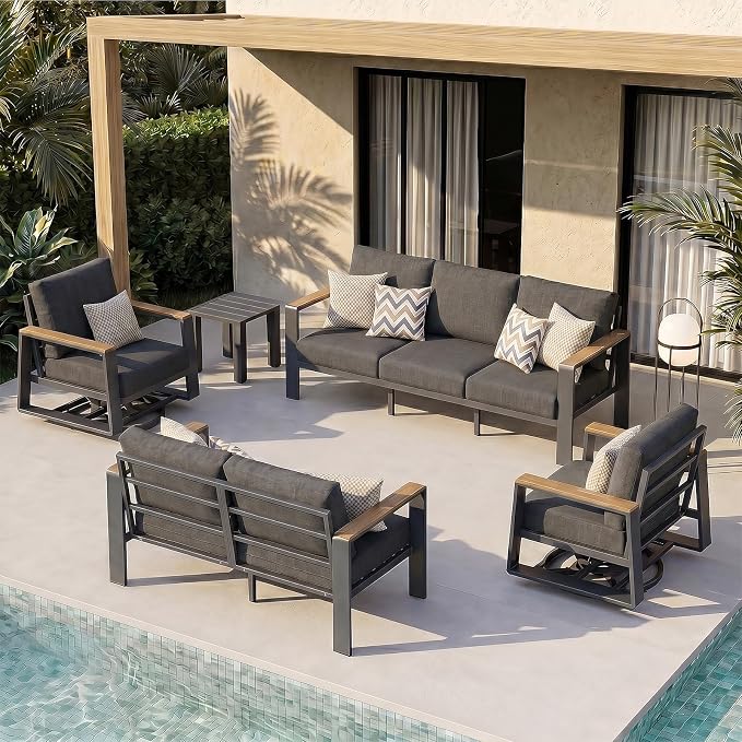 Aluminum Outdoor Patio Furniture Set, 5-Piece Patio Conversation Set with 5" Thick Cushions, Aluminum 360-Degree Large Outdoor Furntiure Set with Side Table and 5-Seat Sofa, Graphite
