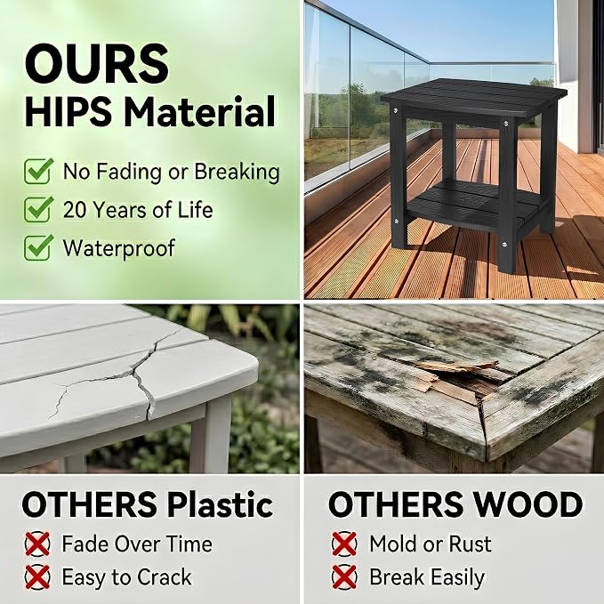 Y&M Outdoor Side Table, HIPS Adirondack Small Double Layer Table, Waterproof Square Outside Table, Balcony Modern End Tables for Patio, Pool, Beach, Porch, Deck, Indoor or Outdoor Use, Black