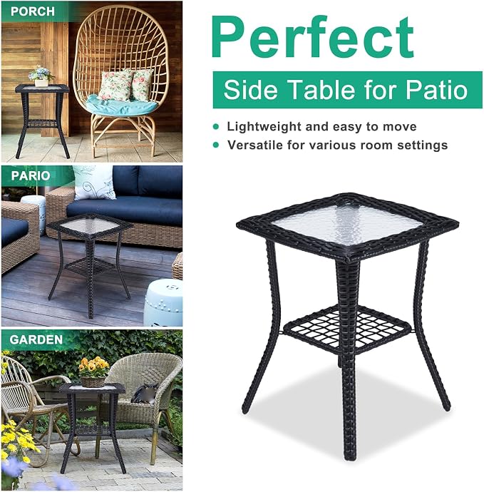 Outdoor Wicker Side Table with Tempered Glass & Lower Storage Shelf, All-Weather Rattan Side Table Wicker Patio Table, for Outdoor Patio, Porch, Garden, Indoor, Black