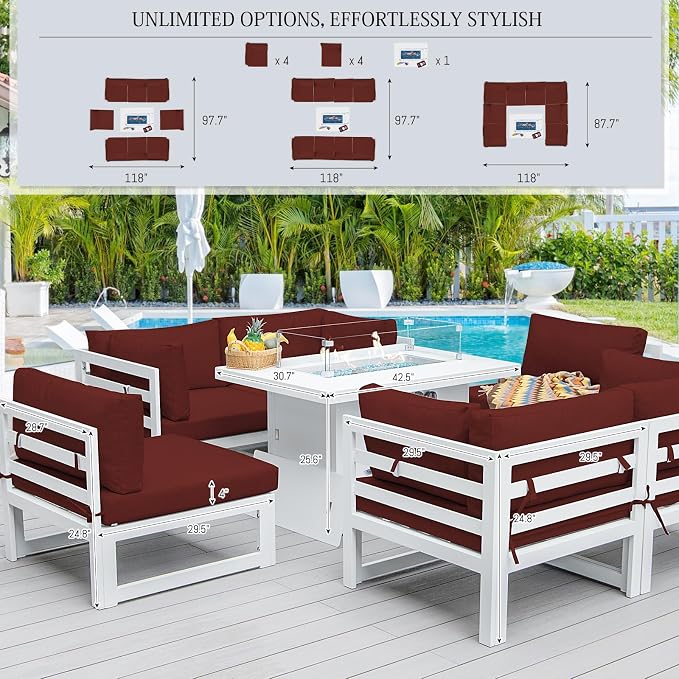 BULEXYARD 8 People Large Luxury Aluminum Patio Conversation Set with Fire Pit Table Propane/Gas, 29" Deep Wide U Shaped Sectional Couch, 500 lbs Heavy Duty All Weather Outdoor Sofa for Front Yard, Red