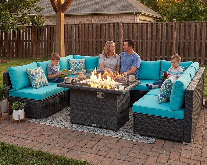 RADIATA 9 Piece Wicker Patio Furniture Set with Fire Pit, All-Weather Outdoor Sectional Couch High Back Large Size, Modular Backyard Seating Sofa Set with Propane/Natural Gas Firepit Table, Grey&Teal