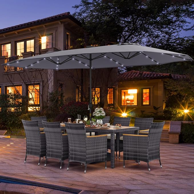 Tangkula 11 Pieces Patio Dining Set with 15 ft Double-Sided Patio LED Umbrella (Base Included), Outdoor Rattan Furniture Set with 8 Armchairs, 1 Rectangular Acacia Wood Dining Table