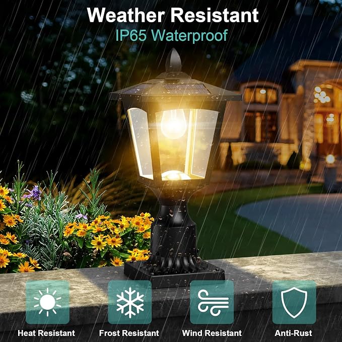 Solar Post Lights, 3000K Dusk to Dawn Solar Lamp Post Light with Pier Mount Base, Solar Post Lights Outdoor Waterproof for Garden Yard Landscape Pole Pillar, Outside Decorative Lamp(Warm White)