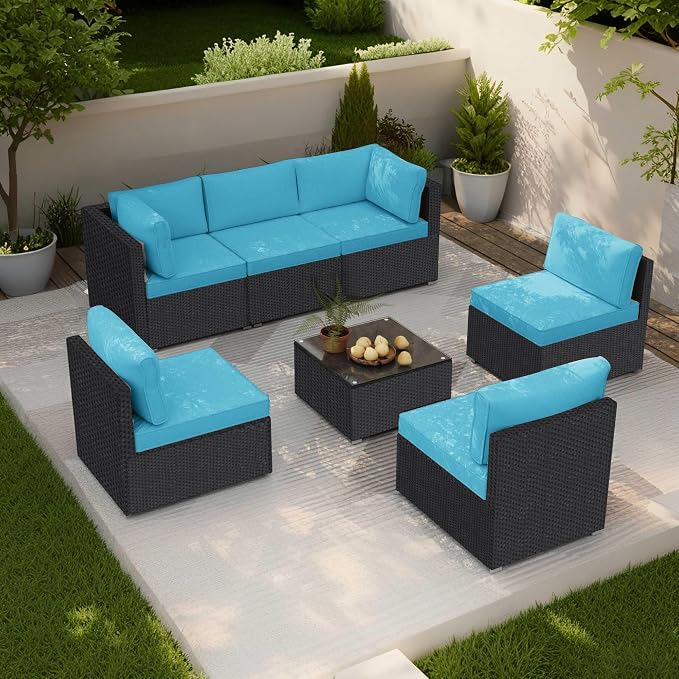 7-Piece Outdoor Patio Furniture Set – Handwoven All-Weather Rattan & 4” Thick Waterproof Cushions, Wicker Outdoor Conversation Sets with Coffee Table for Deck, Backyard, Garden, 2026, Black/Blue