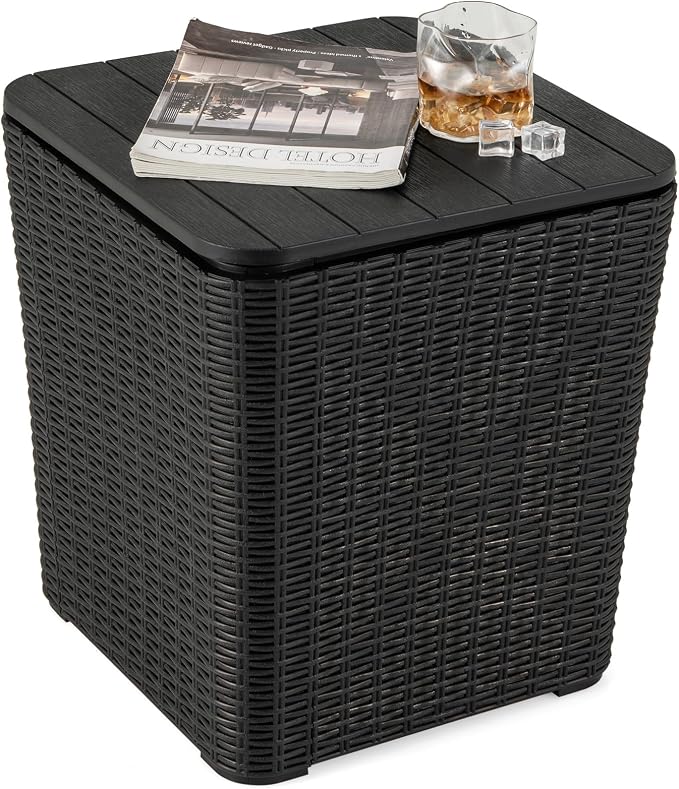 MEDIMALL Resin Wicker Patio Side Table with Lid, 11.5-Gallon Outdoor Deck Box with Concealed Storage Space, Small Square Coffee Table End Table for Porch, Garden, Poolside, Brown/Black (black)