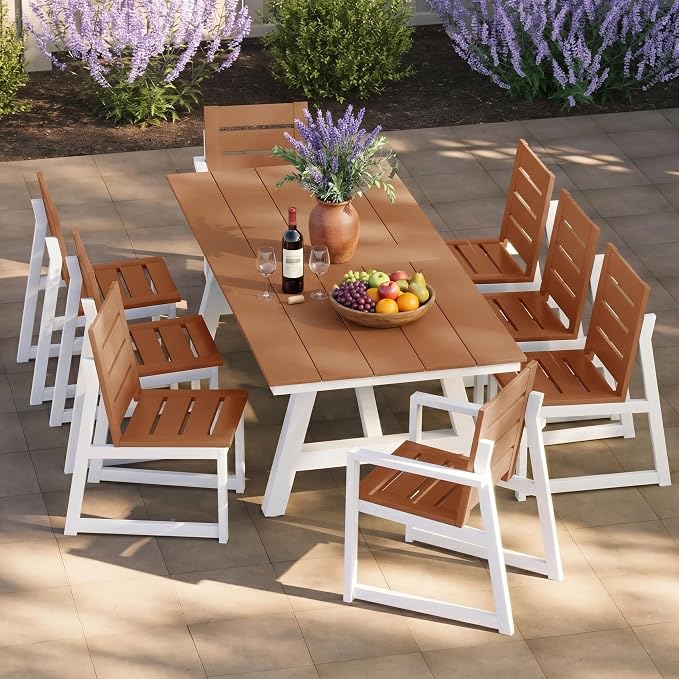 Costaelm Stinson 9-Piece Outdoor HDPE Patio Dining Table Set with Umbrella Hole & Dining Chairs for 8, Teak