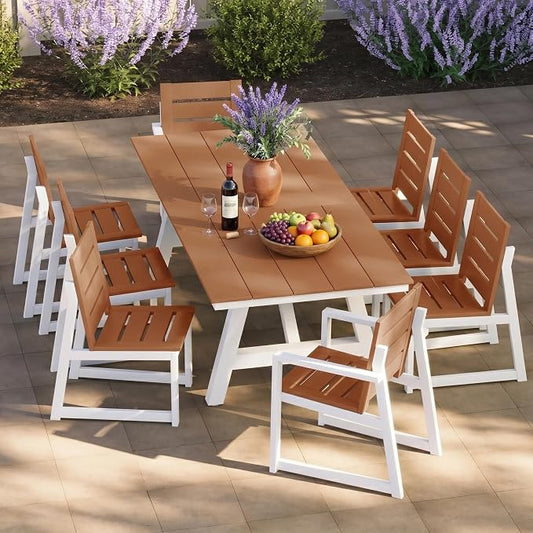Costaelm Stinson 9-Piece Outdoor HDPE Patio Dining Table Set with Umbrella Hole & Dining Chairs for 8, Teak