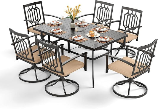 PHI VILLA 7 Pcs Patio Dining Set for 6& Swivel Chairs | Rectangular Dining Table and 6 Swivel Patio Dining Chairs w/ cushions for Outdoor Backyard Bistro Furniture Set