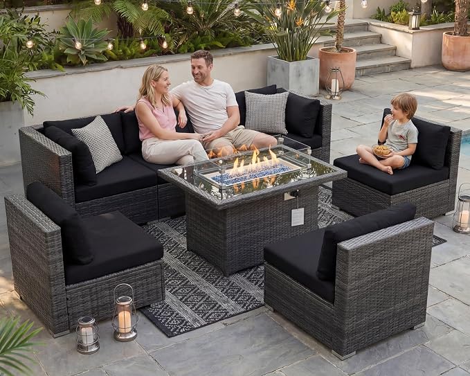 NICESOUL 7 Piece Outdoor Furniture Set with Fire Pit Table Natural Gas & Propane Convertible, 29.3'' High Back Extra Large Rattan Patio Modular Sectional Conversations, 2 Color Cushion Black & Gray