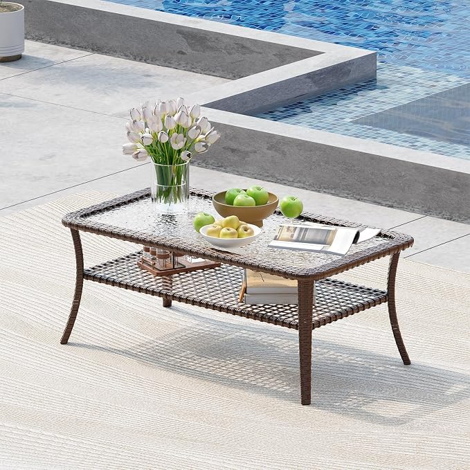 LazySunsets Outdoor Coffee Table with Storage Wicker Patio Coffee Table, Tempered Glass Top Table for Patio Outside Balcony Porch Deck, Brown
