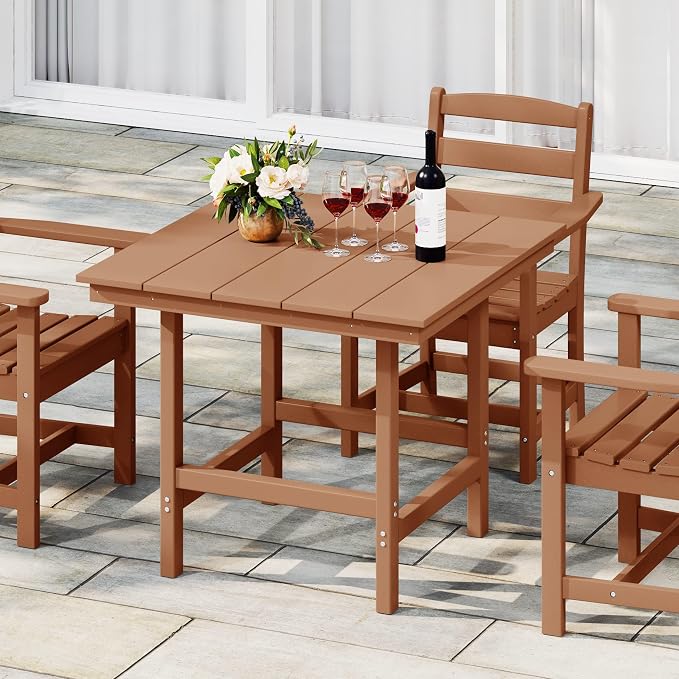 Costaelm Outdoor Patio Table, Outdoor Dining Table for 4, Weather Resistant Square Patio Table with Umbrella Hole for Garden, Poolside, Porch, Teak
