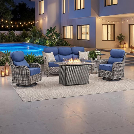 Luxury Patio Furniture Set with 6-inch Thick Cushion, Outdoor Furniture with Fire Pit Table, Swivel Chairs, Side Table, Sofa, 5pcs Wicker Conversation Set (Grey Wicker/Blue Cushion)
