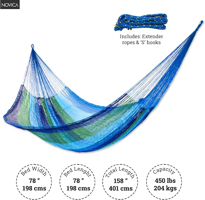 NOVICA Artisan Sea Breeze Double Hammock, Handmade Blue Striped Nylon Mayan Rope Style, Mexico Beach Bonfire [Bed Size 78 L x 78 W Total 158 L]