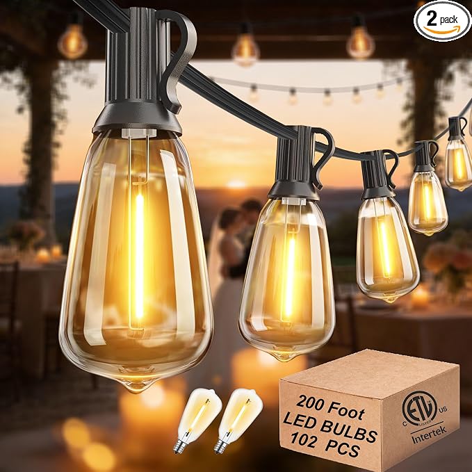 Outdoor String Lights Waterproof 200FT Outside Lighting for Patio Backyard | 2-Pack x 100FT Connectable Outdoor Lights,102 Shatteproof Dimmable Edison Bulbs for Porch Bistro Garden Gazebo Balcony Cafe