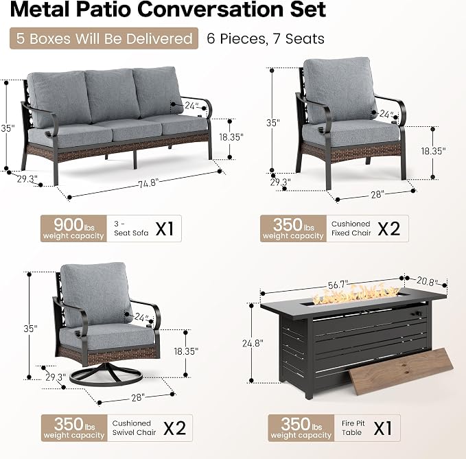 SUNSHINE VALLEY 6 Piece Black Metal Outdoor Patio Furniture Sets with Firepit Table, Patio Conversation Sets 1 3-Seater Sofa, 2 Leg Sofa and 2 Swivel Chair with 5.75" Cushion for Backyard Deck, Gray