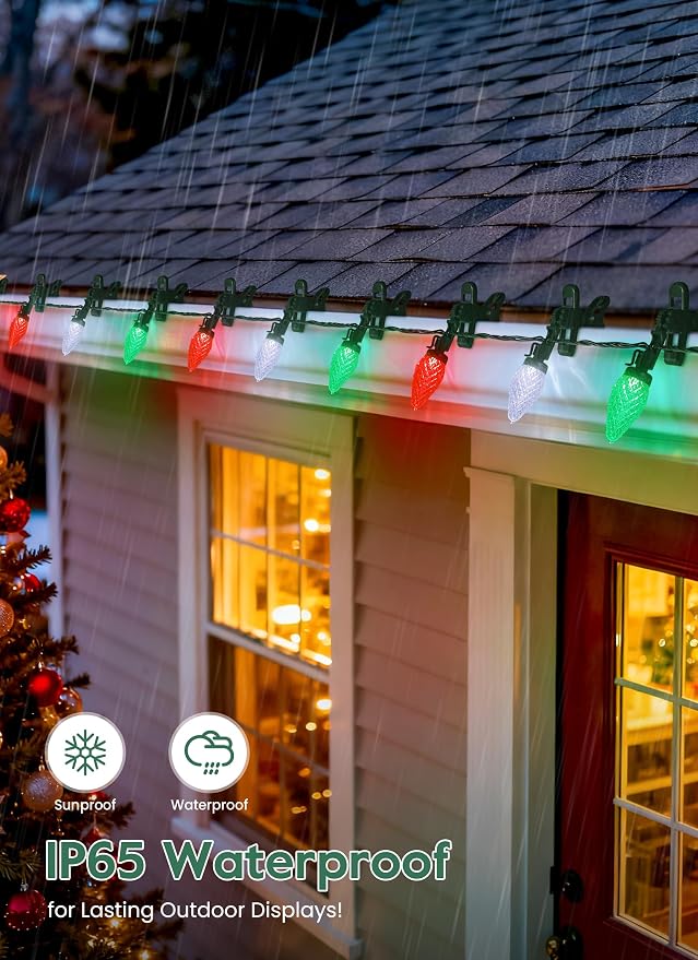 C9 Christmas Lights Outdoor, 102FT 150 LED String Lights with Spring Clips | Waterproof Connectable Commercial Grade Christmas Tree Lights for Outside Roofline Patio Yard Home, Red Green|Pure White