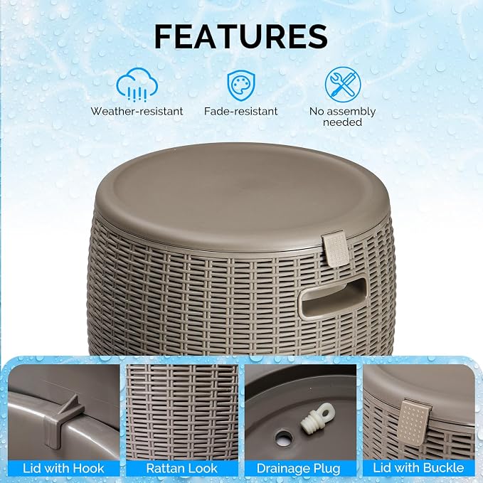 9.5 Gallon Cooler Side Table, Portable Ice Chest with Built-in Handle, Multifunctional Ice Cooler Outdoor Cocktail Side Table w/Lid & Drain for Camping, Picnic, Beach, Pool, Party