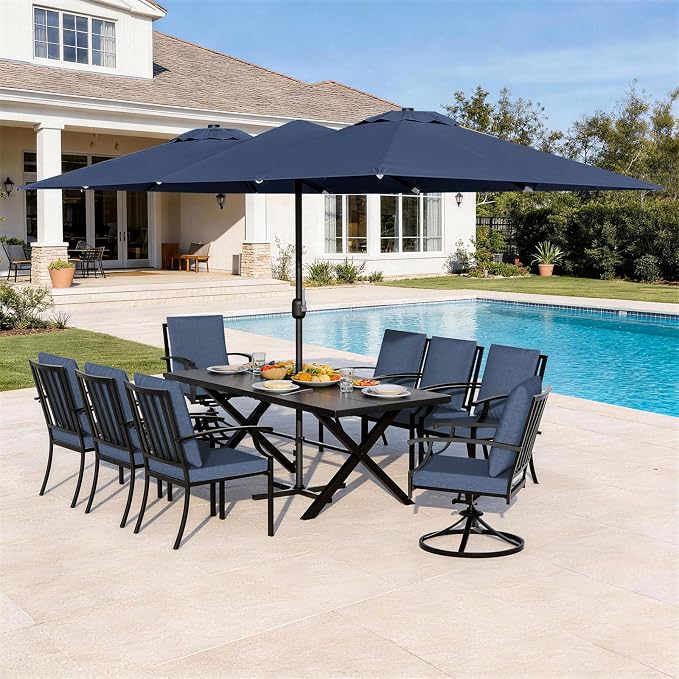 10 Piece Outdoor Dining Set for 8, Patio Table and Chairs Set with Umbrella, Metal Patio Furniture Set with 2 Swivel Chairs, Outdoor Table and Chairs with Cushions for Lawn, Garden, Yard-Navy