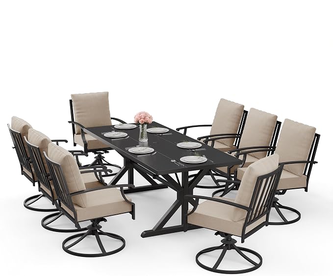ALAULM 9-Piece Patio Dining Set,Outdoor Metal Dining Set with 8 Swivel Chairs & Rectangle Table with 1.5 Umbrella Hole, Patio Dining Table and Chairs for Backyard, Sand