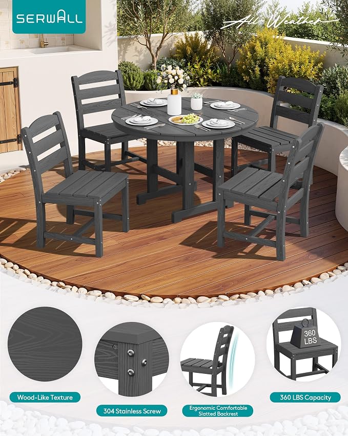 SERWALL 5-Piece Patio Dining Sets, HDPE Outdoor Table and Chairs Furniture Set, 45" Round Dining Table and 4 Armless Dining Chairs, Gray