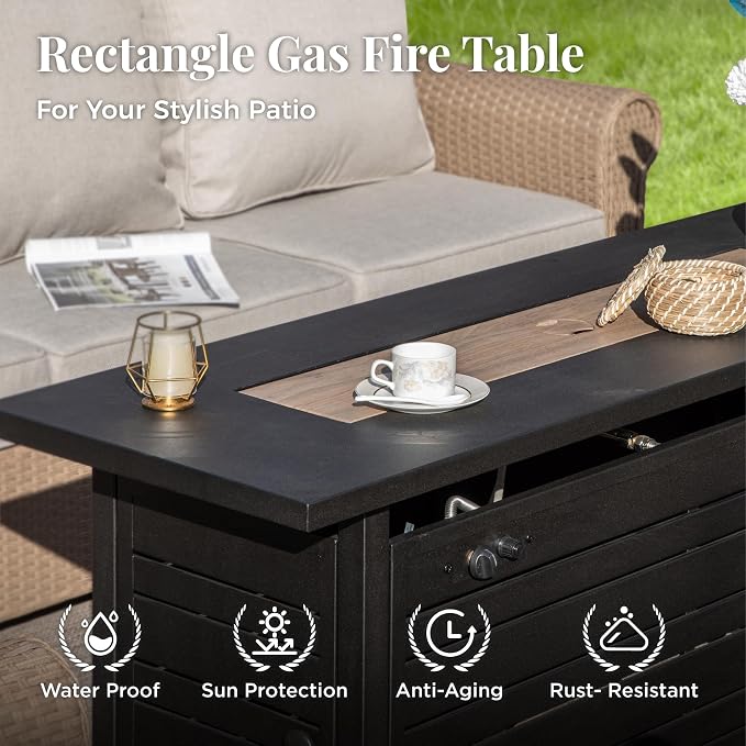 MIXPATIO Patio Furniture Set 6 pcs, Wicker Outdoor Patio Furniture, 3-Seat Sofa, 4 Single Chairs and 56" Gas Fire Pit Table, Rattan Patio Conversation Set for Backyard Deck, Beige