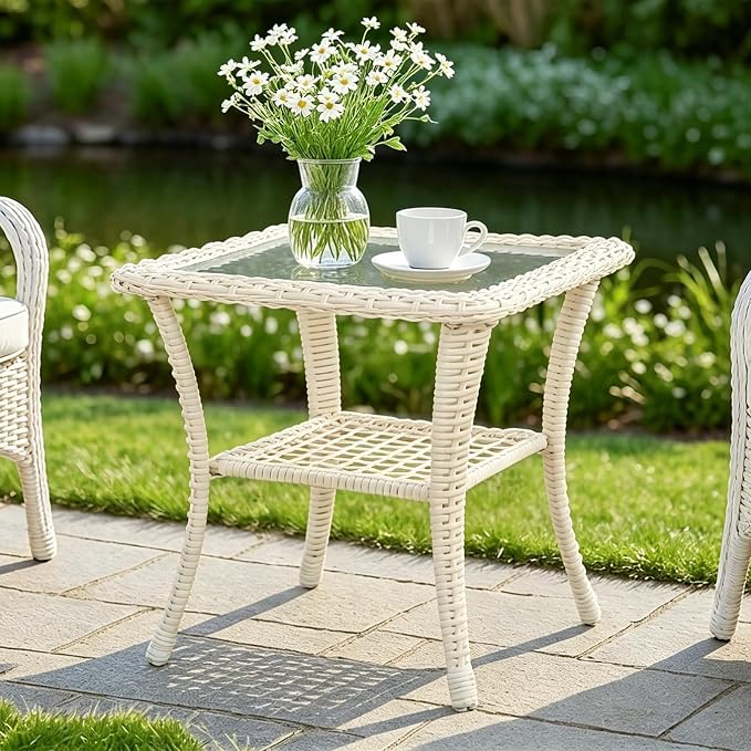 MEETWARM Wicker Outdoor Side Table, All-Weather Patio Rattan Side Table with Tempered Glass Top and Storage Shelf, Small Patio End Table for Outside Indoor Outdoor Balcony Porch Deck, Cream White