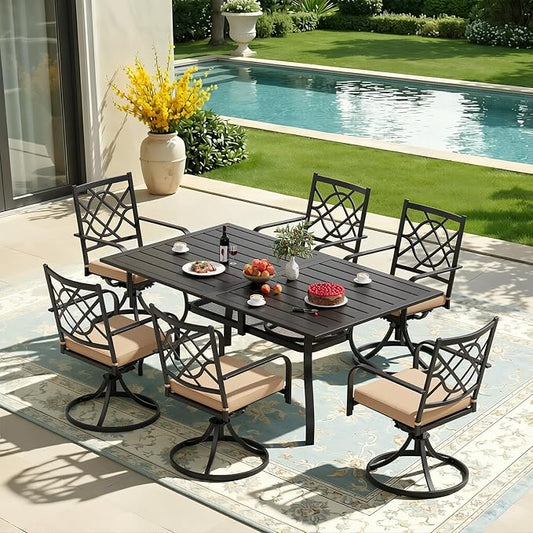Oakcloud 7-Piece Metal Outdoor Furniture Patio Dining Set, 6 Metal Swivel Chairs and Rectangle Dining Table with Umbrella Hole, Black