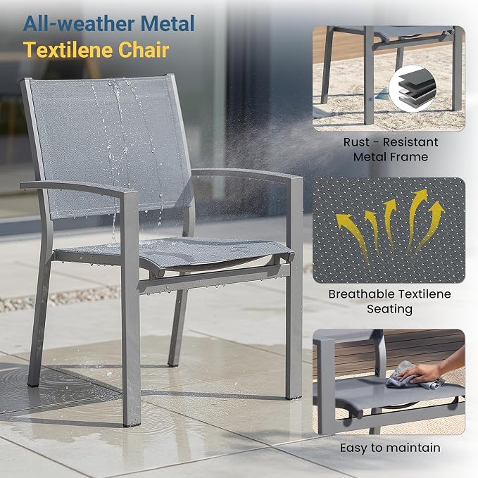 Patio Table and Chairs for 6, Outdoor Patio Dining Furniture Set with Aluminum Table and Metal Textilene Chairs, All-Weather Patio Table Set with HDPS Rectangular Tabletop for Garden Porch