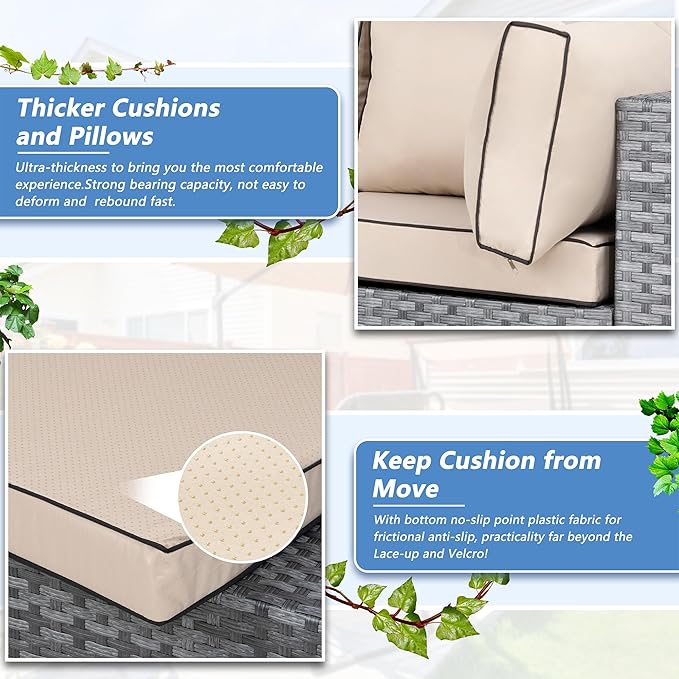 5 Piece Outdoor Patio Furniture Set,Silver PE Rattan Wicker Sectional Sofa, All Weather Conversation Set with Washable Cushions & Glass Coffee Table for Backyard Poolside Garden Porch,Khaki