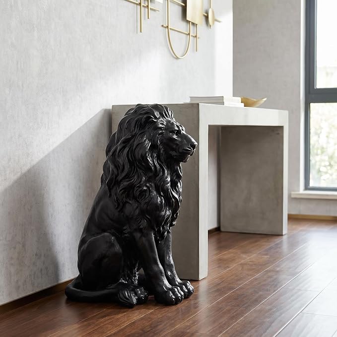 20.5" Black Lion Statue, Resin Outdoor Guardian Sculpture | Weather-Resistant Finish, Simulated Animal Decor, For Villa Garden Park Resort, Home Courtyard