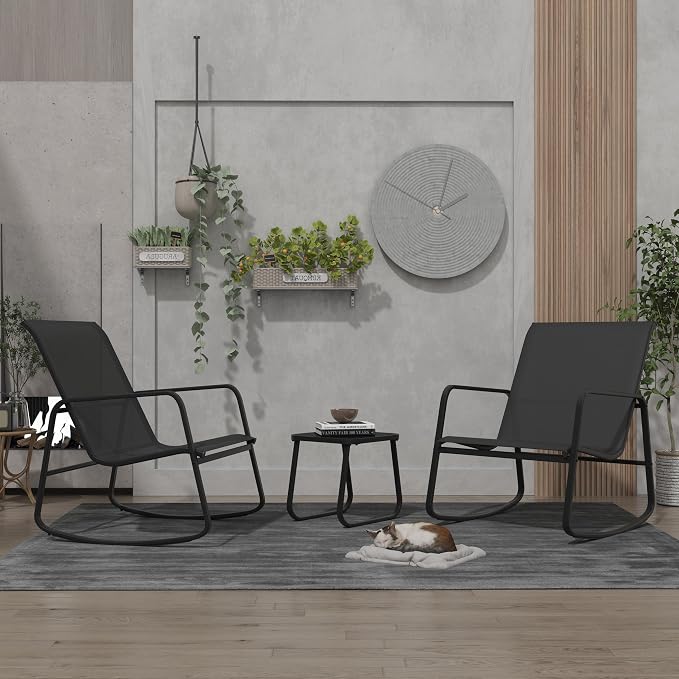 Ainfox 3 Piece Patio Furniture Set, All Weather Textile Outdoor Conversation Set with Rocking Bistro Chairs and Table, Small Patio Bistro Set for Backyard, Lawn, Garden, Poolside (Black)