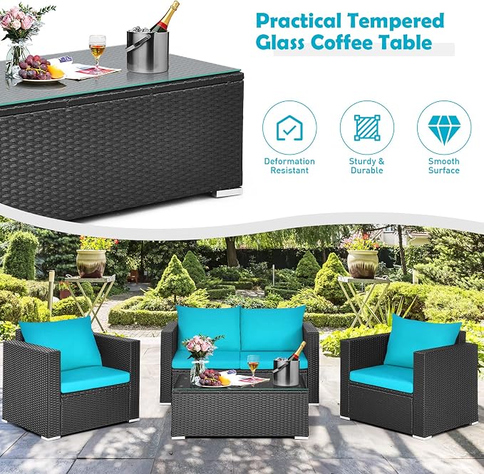 COSTWAY 4-Piece Patio Rattan Furniture Set, Cushioned Sofa Chair, Loveseat and Coffee Table with Tempered Glass Top, Outdoor Conversation Sets for Garden Poolside Balcony Porch (Turquoise)