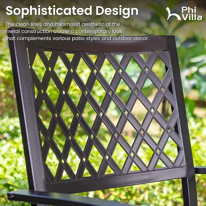 PHI VILLA Patio Dining Set for 4,4 Stackable Chairs&37" Square Metal Table | 37" Square Metal Table with Polywood Top & Stackable Wrought Iron Chairs, Outside Furniture for Patio, Deck, Porch, Backyard