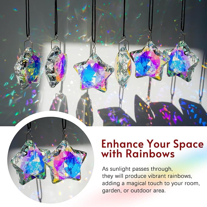 2 Pcs 2 Inch AB Crystal Star Prism Suncatcher Window Hanging Decor | Handmade AB Coating Crystal Star Prism Suncatcher Rainbow Pendants Set of 2 for Window Garden Home Office Christmas Decor