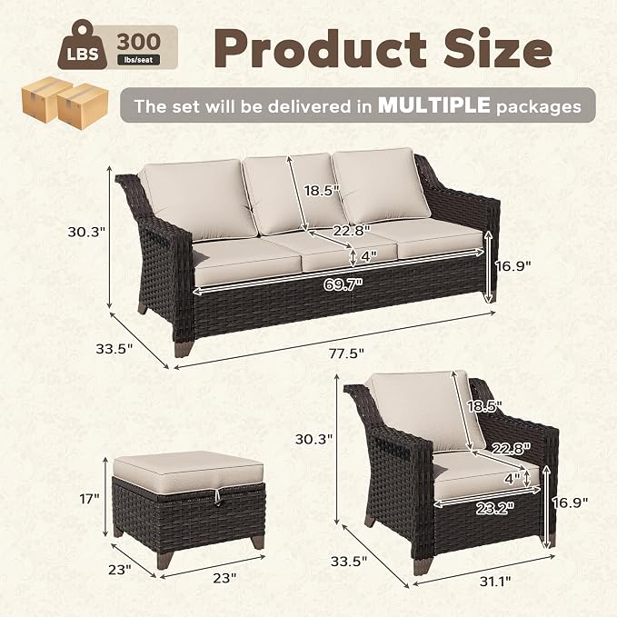 6 Pieces Patio Conversation Furniture Set - 2 Sofas, 2 Armchairs, 2 Ottomans, Outdoor Wicker Furniture with Removable Cushions for Porch, Balcony, Sunroom (Beige)