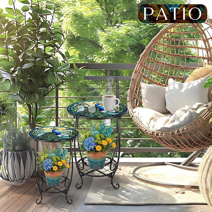 Cinnvoice 2 Pcs Outdoor Side Table Small Patio Round Mosaic Accent End Table Indoor Plant Metal Coffee Tea Tables for Patio Yard Porch Garden Living Room(12" and 16",Peacock Style)