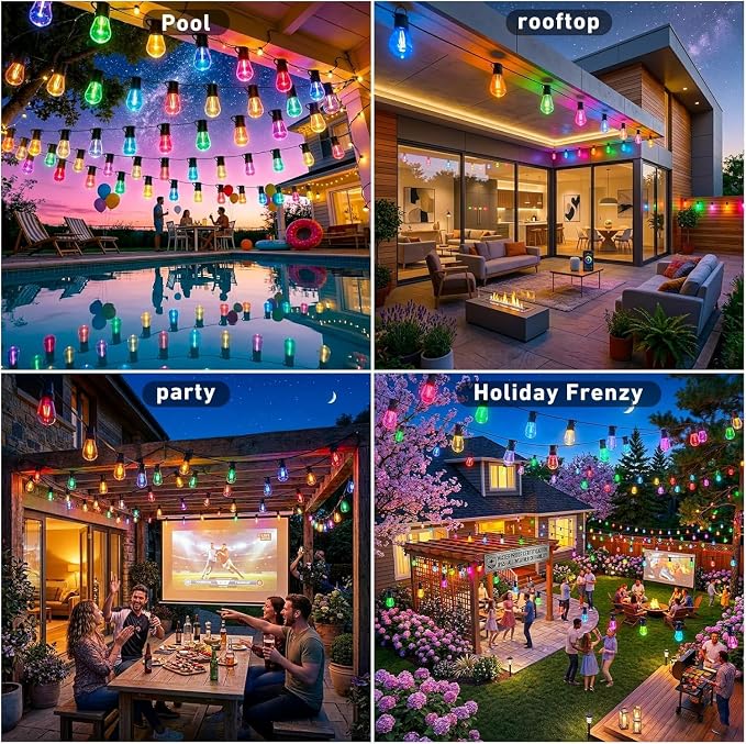 Outdoor String Lights,400FT Smart RGB+IC Patio Lights with Shatterproof LED Bulbs ,Outside Light Dimmable Patio for Decor DIY IP67 Waterproof ,Courtyard, garden,Holiday,LED lights more Scene Modes